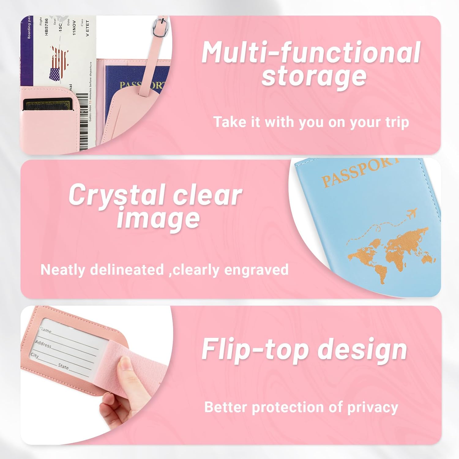 3 Pcs Passport Holder and 3 Pcs Luggage Tag Set, PU Leather Passport Cover for Travel, Luggage Tag for Suitcases, Suitable for Vacation, Business Trip, Study Abroad (3 Colors) - Image 5