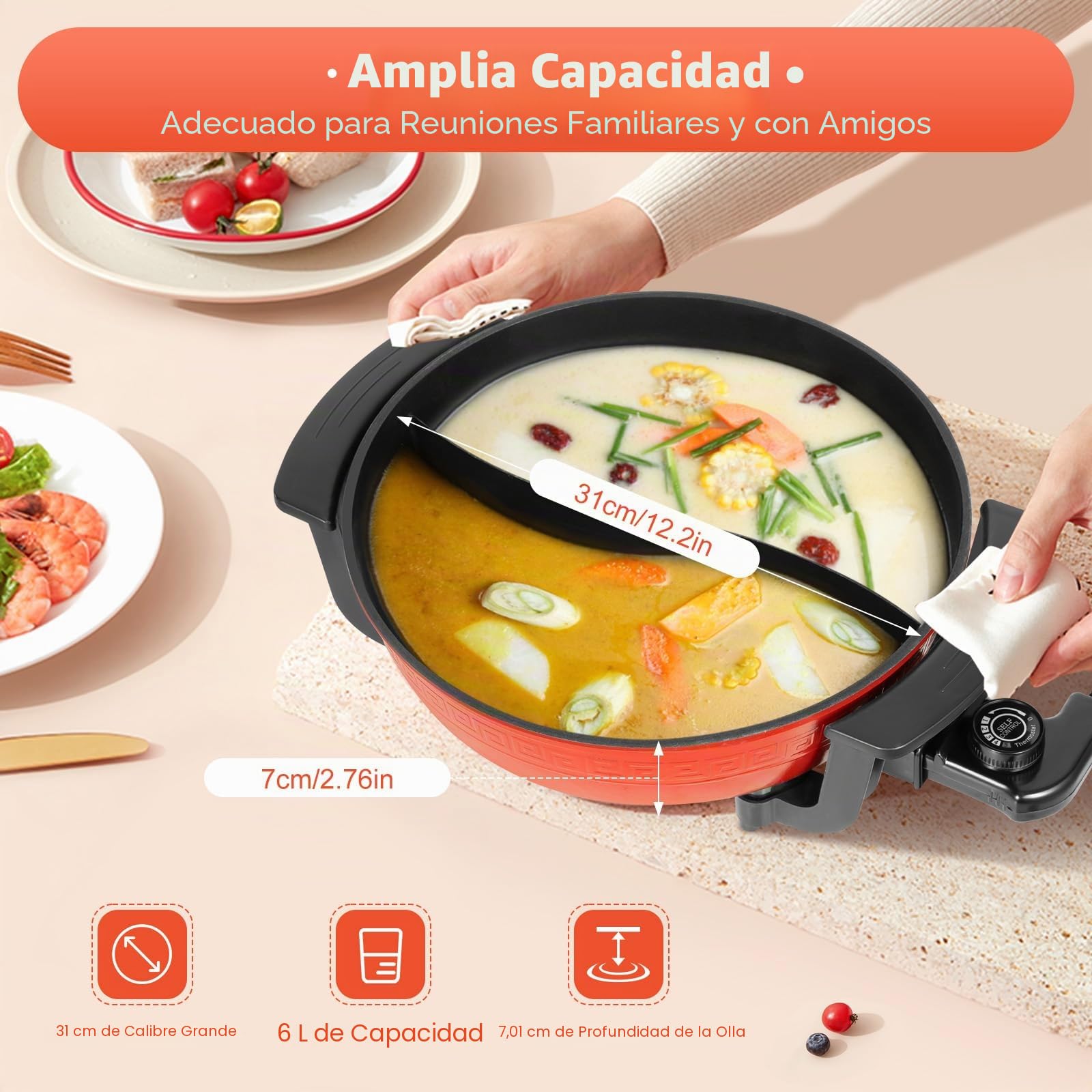 6L Hot Pot - Sartén eléctrica multifunción para fiestas, olla de doble rejilla Yin Yang Hotpot, olla antiadherente para el hogar, ajuste de temperatura 1300 W