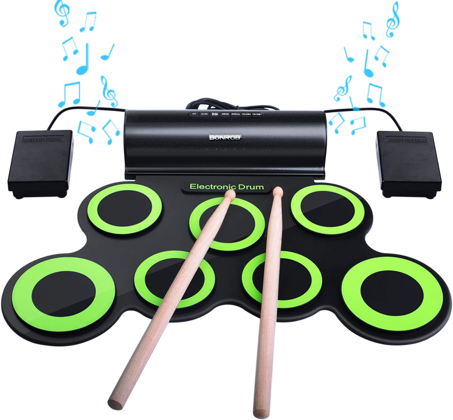 Electronic Drum Set, Roll Up Drum Kit with Headphones and Built-in Speaker Drum Pedals and Sticks