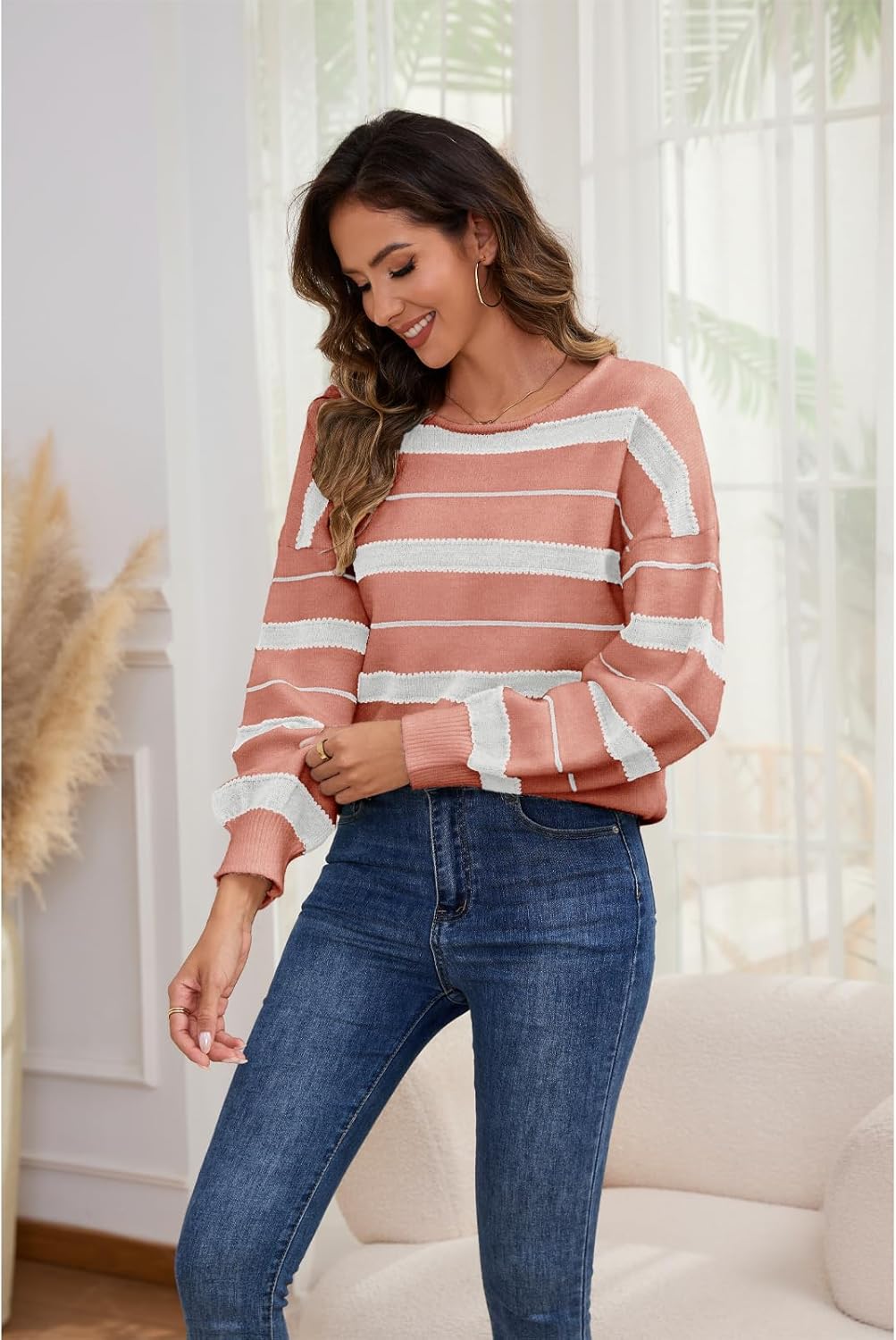 ANCAPELION Women's Color Block Sweaters Long Sleeve Crewneck Pullover Cozy Knitted Striped Jumper Tops - Image 4