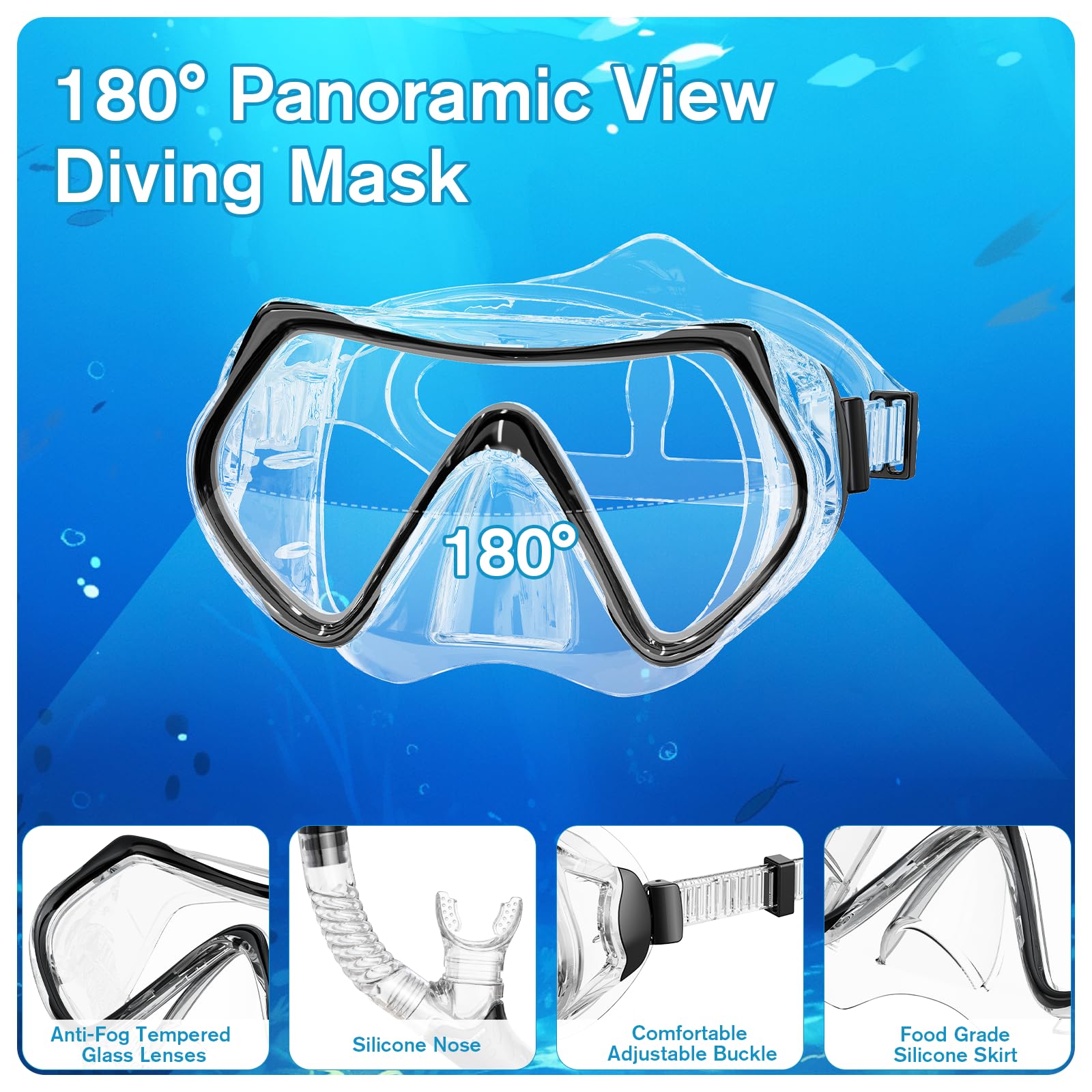 Masque Plongée Adulte, Masque de plongée Anti-buée Anti-Fuite,Lunettes de plongée panoramiques 180°, Ensembles de Tuba pour la plongée en apnée et la plongée.