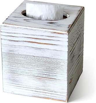 White Wood Tissue Box Cover, Square Wooden Tissue Box Holder for Bathroom | Wood Cube Tissue Cover with Slide-Out Bottom, Decorative Facial Cube Tissue Holder for Office, Night Stands