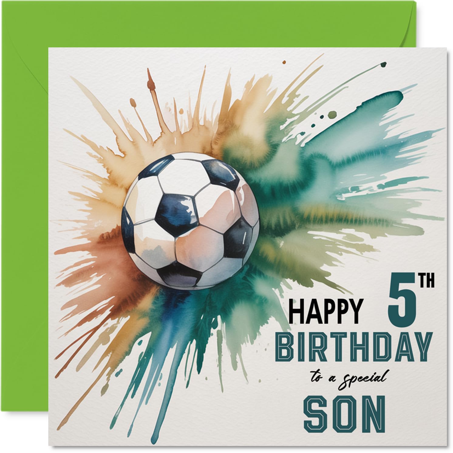 5th Birthday Cards for Son - Watercolour Football Splash - Happy Birthday Card for 5 Year Old Son from Dad Mum, 145mm Bday Greeting Cards
