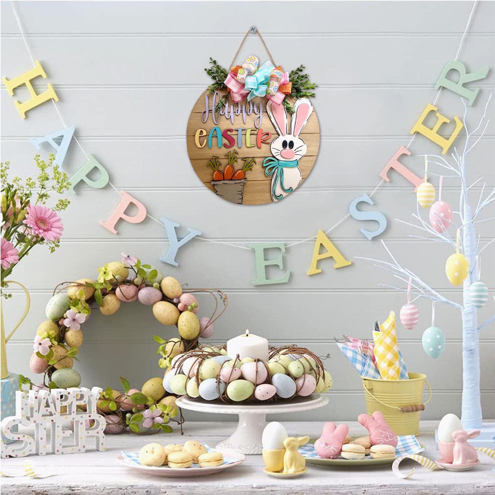 HAPPY EASTER Cartello da appendere alla porta del parto Uovo di Pasqua in legno Coniglio Coniglietto per la decorazione domestica Fornure per ghirlande di Pasqua Ornamenti artigianali in legno  15