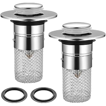 Pack of 2 Sink Plugs Drain Plug Sink with Hair Strainer Drain Filter Stainless Steel Sink Plug for 34-40 mm Drain Drain Universal Push Up Drain Valve Drain Strainer for Sink
