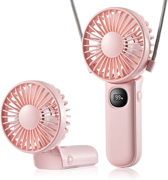 Leimaq Mini Fan Handheld, Handheld/Neck/Desk 3 in 1 Rechargeable Small Portable for Travel, 2400mAh Battery Operated with LED Display, 180 Foldable with 5 Speed Wind Pink