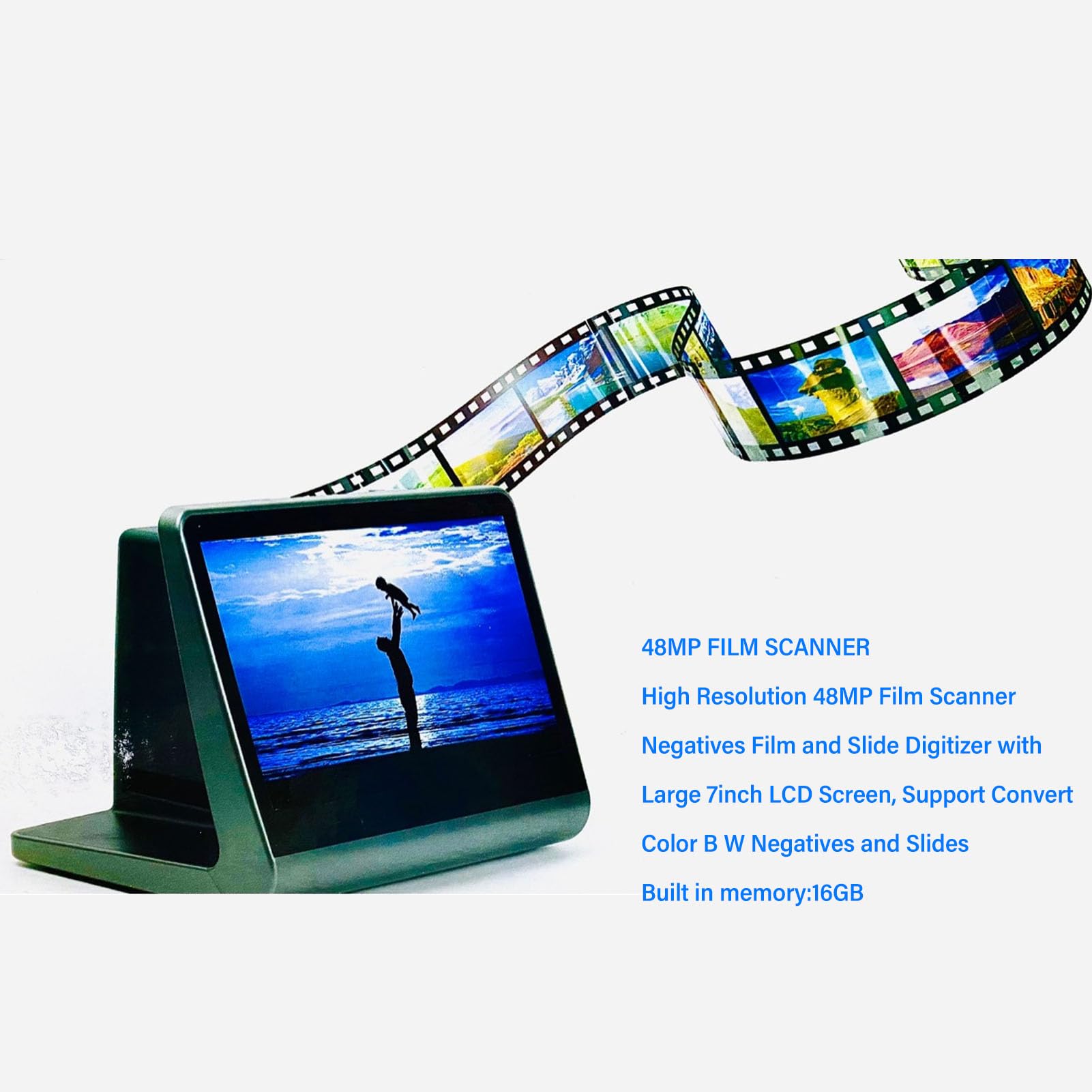 Film Scanner, 48MP HD Screen Slide Scanner with 16G Memory, Converts 135/126KPK/110/Super 8mm Film to JPEG Photos, 7 inch Screen, for Negatives Slides