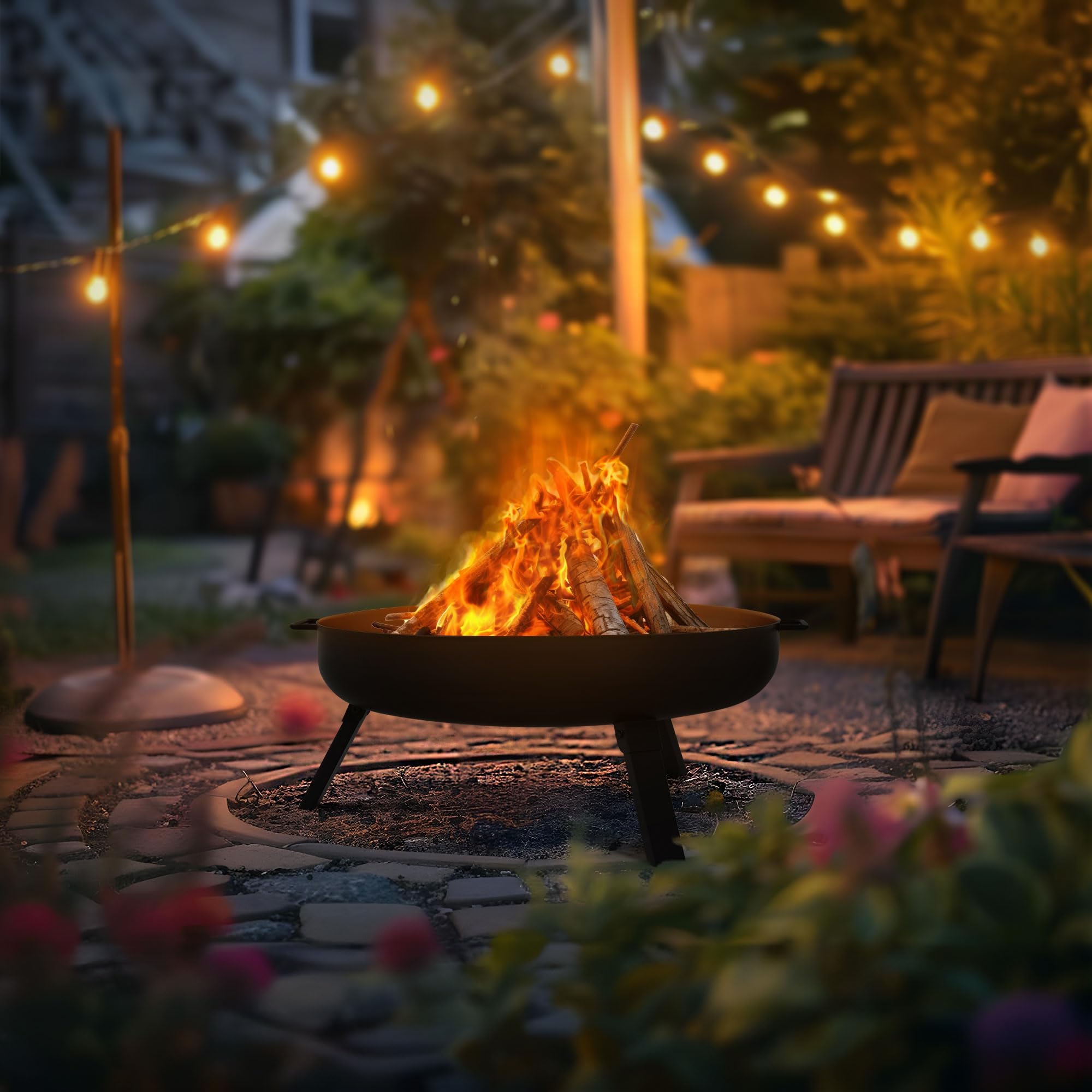 ECD Germany Cuenco de Fuego 60 x 27 cm Brasero Exterior Redondo de Acero con 3 Patas Plegables y Asas de Transporte, Fire Bowl Negro con 2 Agujeros de Drenaje Ideal para Barbacoas de Jardín o Camping