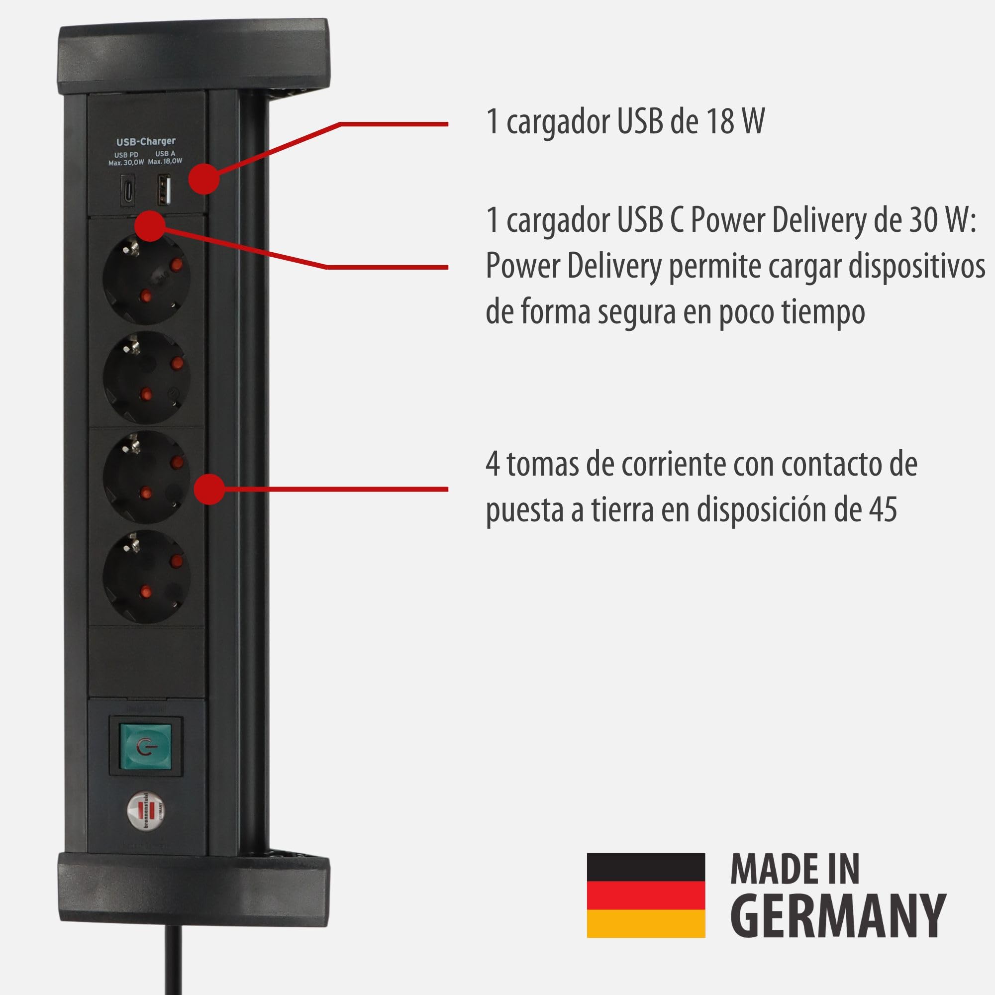 Brennenstuhl Premium Office-Line Regleta de 4 enchufes con USB C PD 30W y USB A 18W (Fabricado en Alemania, regleta con Cable de 1,8m e Interruptor, para el Escritorio) Negro