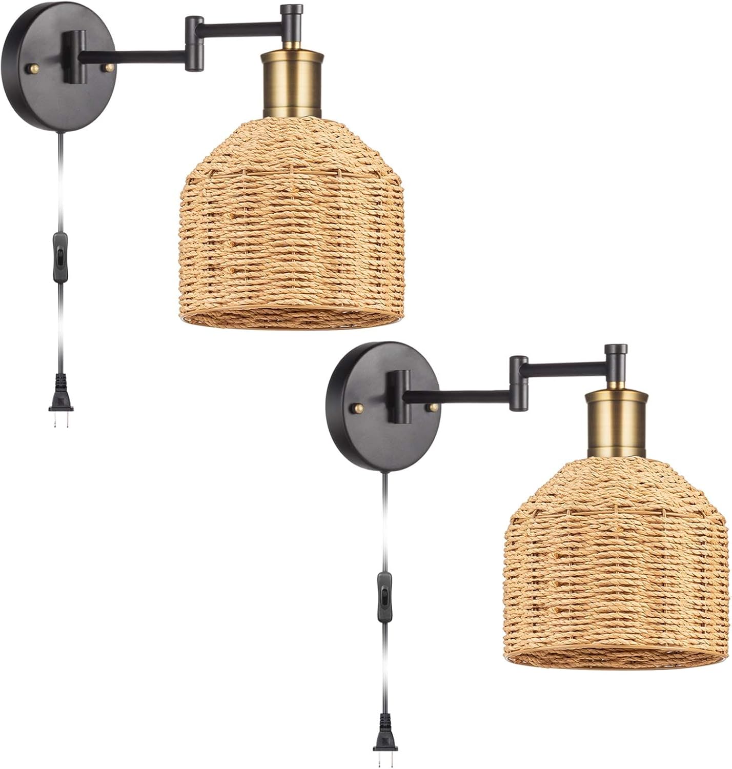 Plug in Wall Sconces, Swing Arm Wall Lamp with Natural Paper String Lampshade Set of 2, Bronze Head, Vintage Adjustable Wall Mounted Sconce Wall Light Fixture for Bedroom,Bedside,Kitchen,Living Room