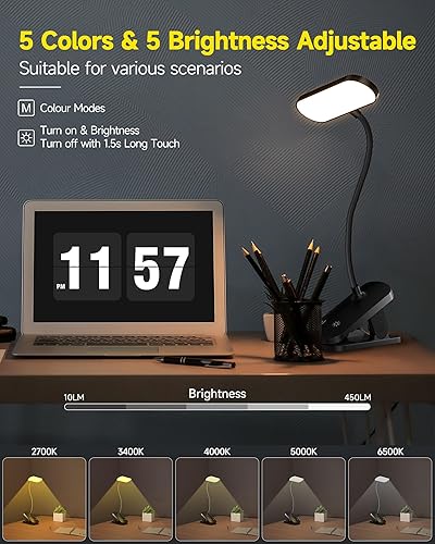 Miniatura 6 de CUHIOY Lámpara de escritorio con clip, lámpara de mesa recargable con batería USB-C con abrazadera para dormitorio, oficina en casa, 38 LED, luz de