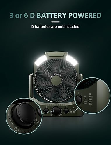 Miniatura 3 de D-cell - Ventilador de campamento a pilas, 8.5 pulgadas, ventilador de escritorio USB silencioso con linterna LED de 4 niveles, luz SOS,
