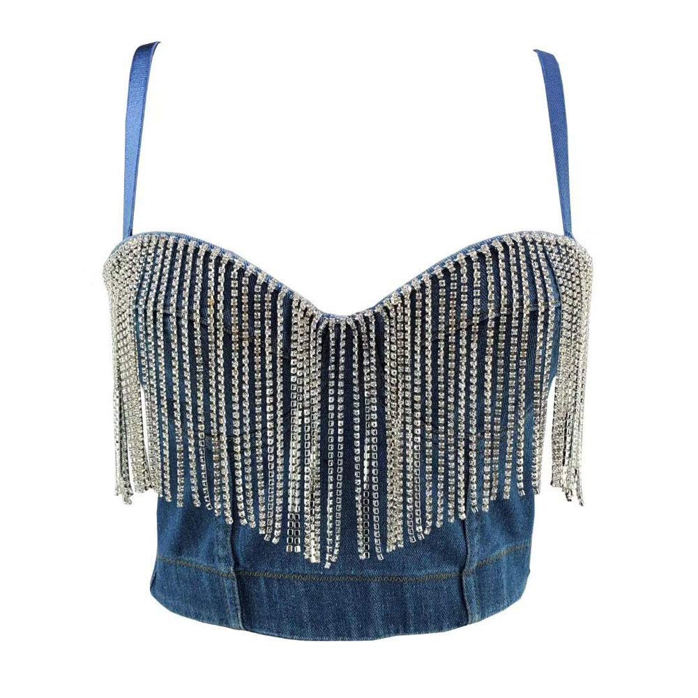 Denim Corset Bustiers en Maille de Diamant pour Femme avec Bretelles Amovibles