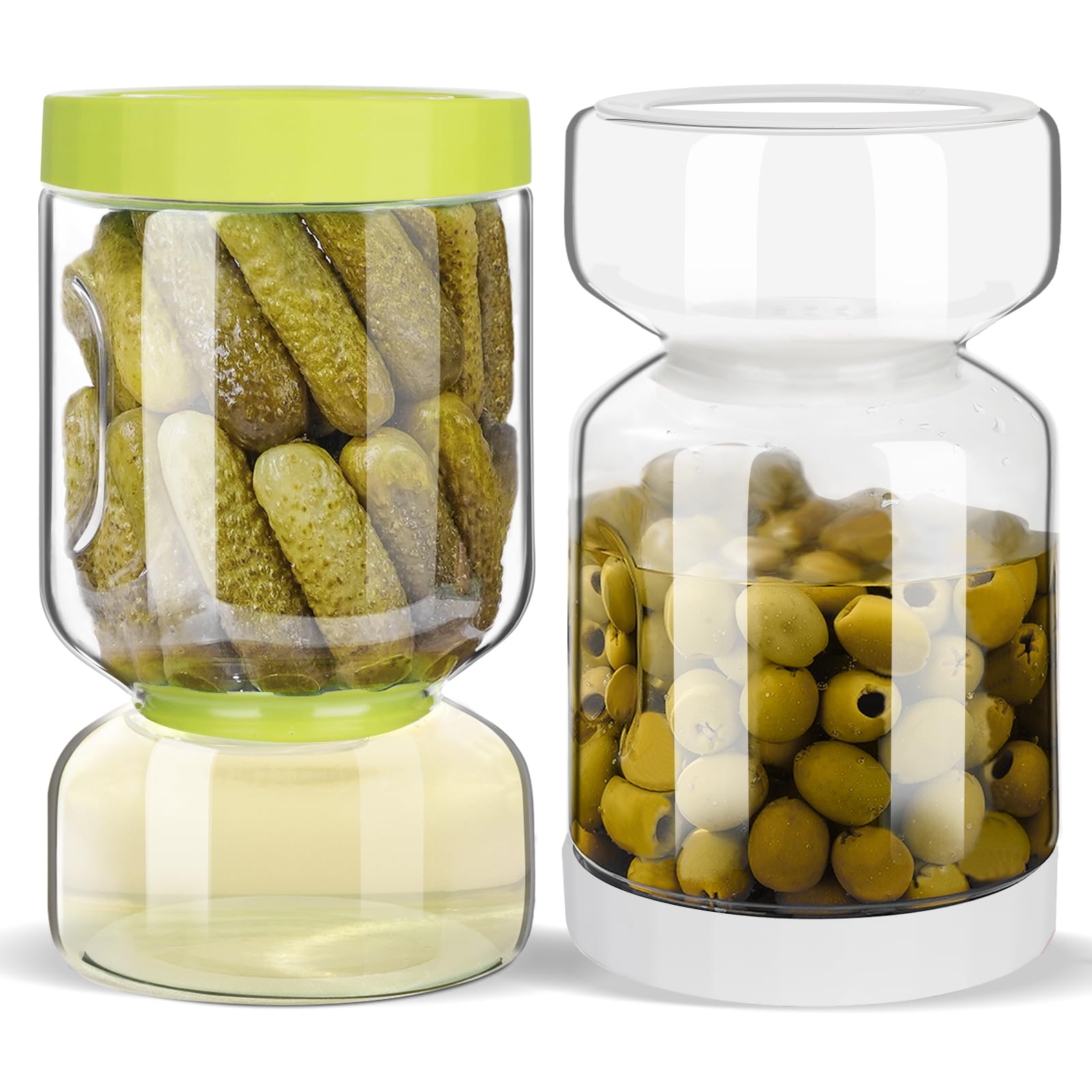 ZENS Pickle Container with Strainer,2 Pack 51oz LeakProof Flip Pickle Hourglass Jar for Pickle Juice Separator,Glass Pickle Olive Jar with Airtight Lids for Gherkin,Kimchi,Giftsfor Mom,White & Green