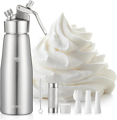 CURTA Dispensador profesional de crema batida, batidor de crema de aluminio premium, máquina de crema con 3 puntas de decoración, recipiente de 1
