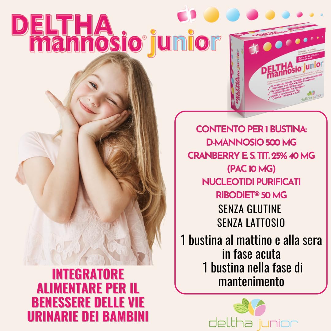 DELTHAmannosio Junior D Mannosio alto dosaggio 500mg Mirtilli rossi e nucleotidi purificati Made in Italy per le vie urinarie dei bambini