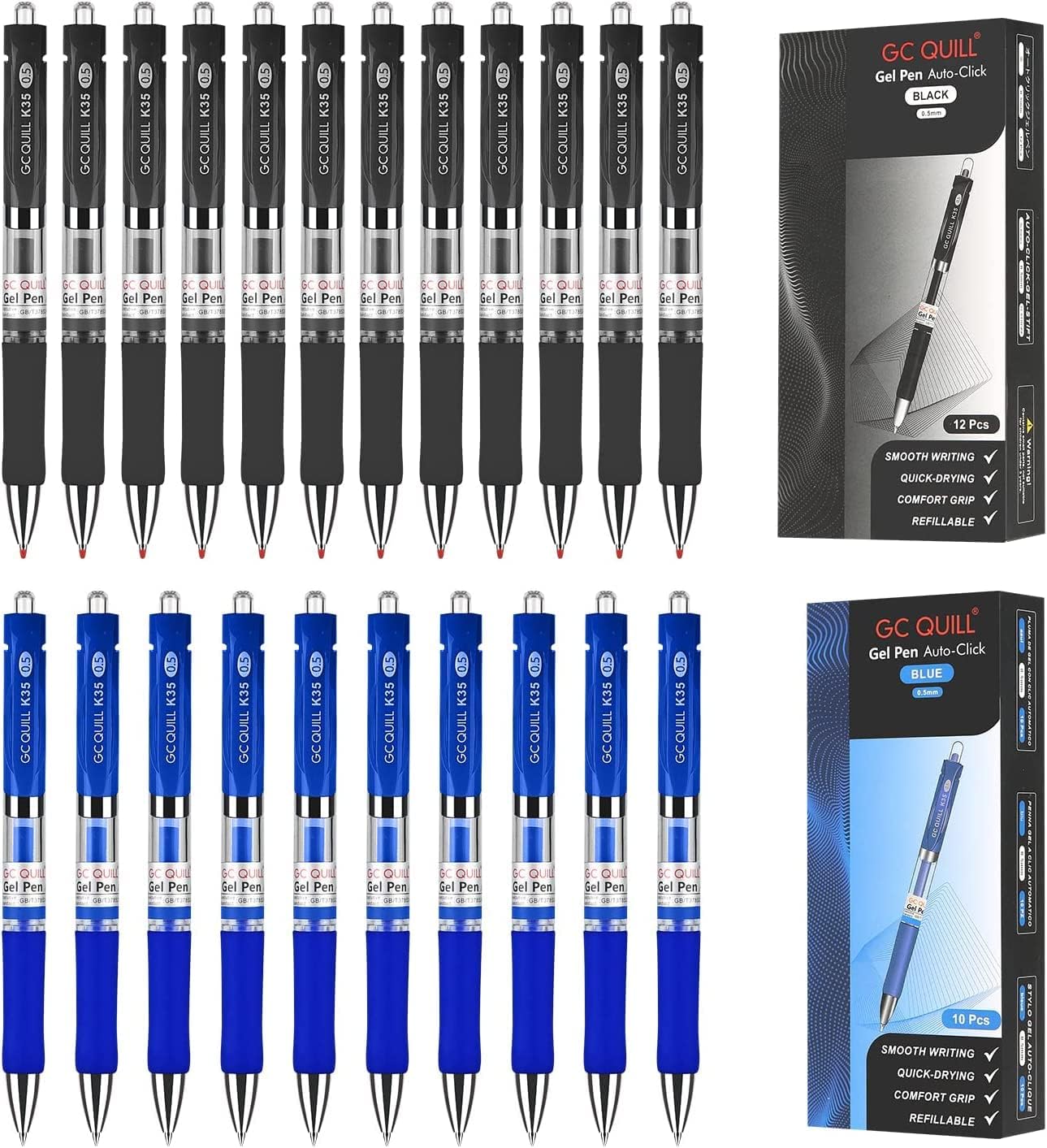 GC QUILL Gel Ink Pens Set Premium Refillable & Retractable Rolling Ball,0.5mm Fine Point Pen,12 Black Ink +10 Blue Ink Pens BKBL22