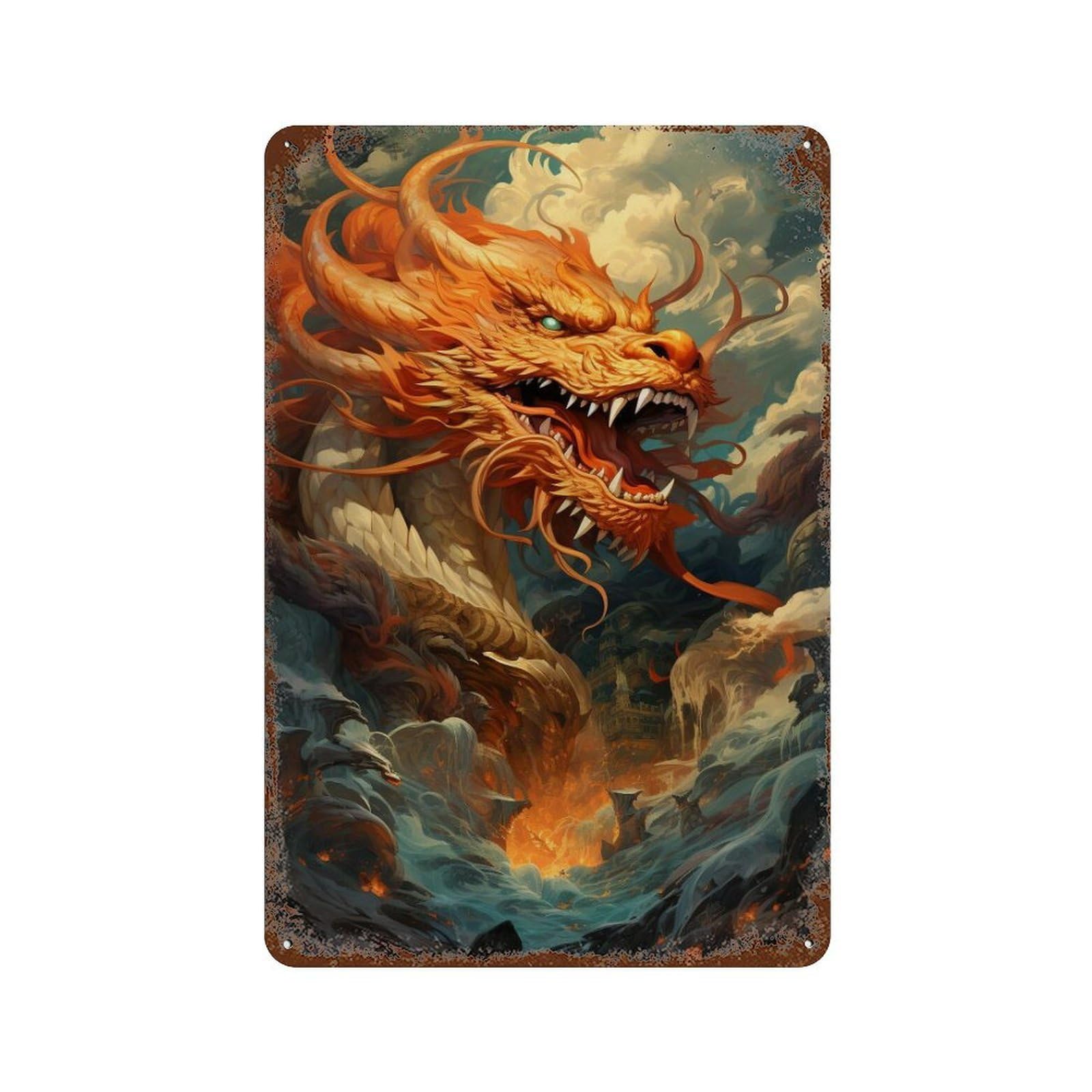 Golden Dragon Artwork 11.8"x7.9" Rustic Tin Plaque, Novelty Wall Decor for Bistro, Counter And Cafe Decor