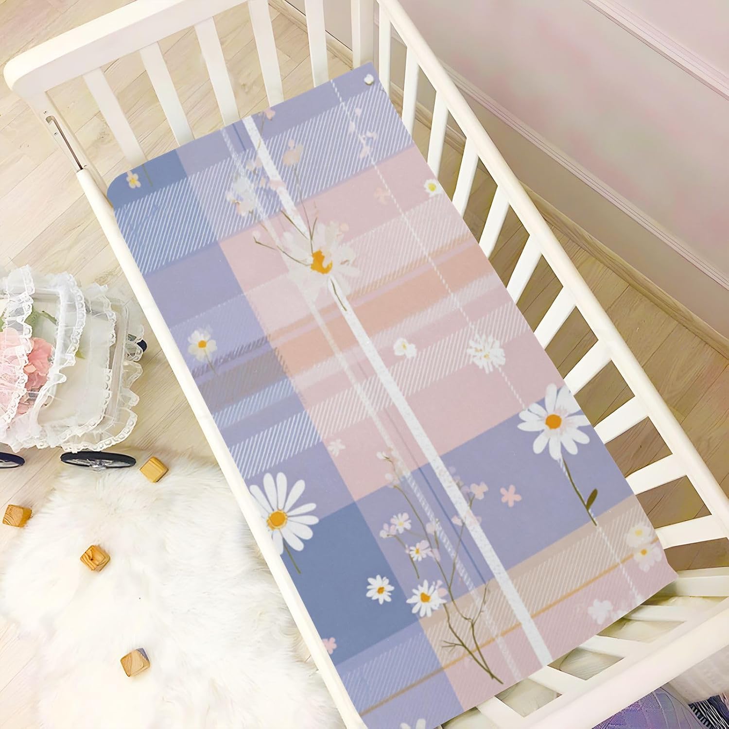 Crib Sheets Baby for Boys Girls Breathable Neutral Toddler Bed Sheets for Standard Size Toddler Mattress 39x27 Inch Purple Plaid Flower