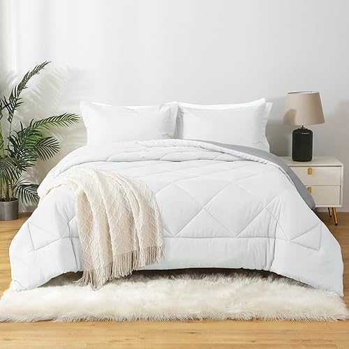 Miniatura 3 de JOLLYVOGUE Juego de edredón tamaño Queen color blancogris claro, juego de cama reversible en una bolsa para todas las estaciones, juego de cama de 3