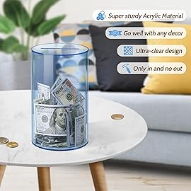 Hicocool Clear Piggy Bank for Adults Kids Must Break to Open, Blue Acrylic Piggy Bank Unopenable Money Savings Jar (8 H x 5 D)
