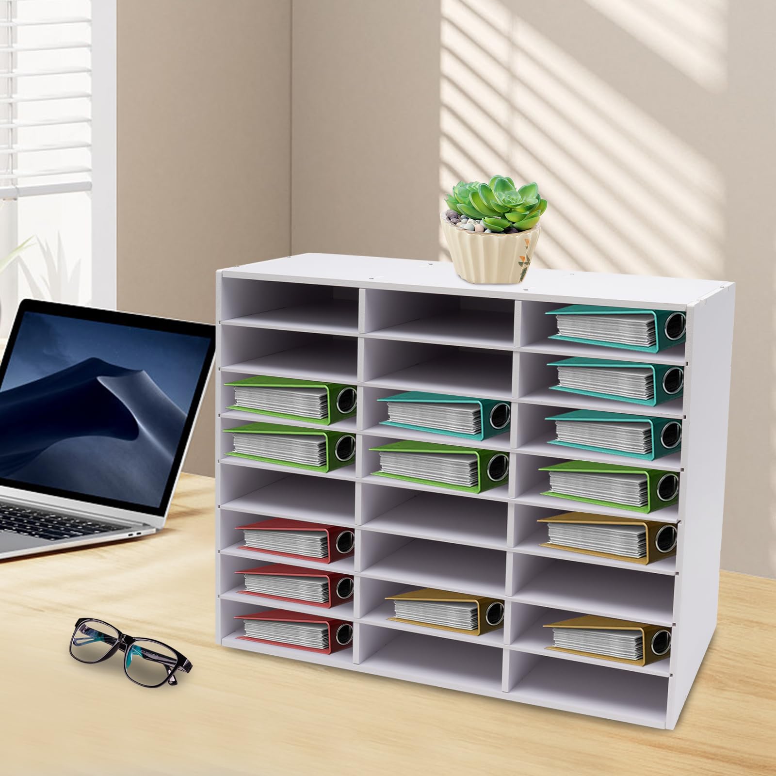 Literature Organisateur de documents avec 24 compartiments, bac à courrier, rangement pour la maison, le bureau, la salle de classe, 73,7 x 30,2 x 59,6 cm, blanc