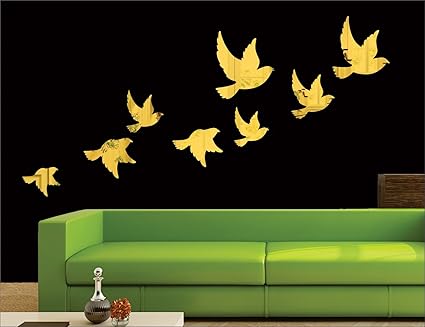 Wall1ders 8 Flock Birds, Mirror Stickers for Wall, Acrylic Mirror Wall Decor Sticker, Wall Mirror Stickers, Acrylic Stickers, Wall Stickers for Hall Room, Bed Room, Kitchen. (Golden)