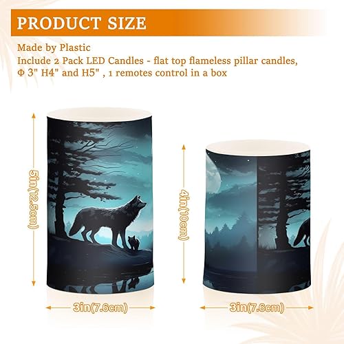 Miniatura 3 de Juego de 2 velas sin llama de noche, luna, lobo, pilar parpadeante LED de plástico con temporizador de control remoto para decoraciones
