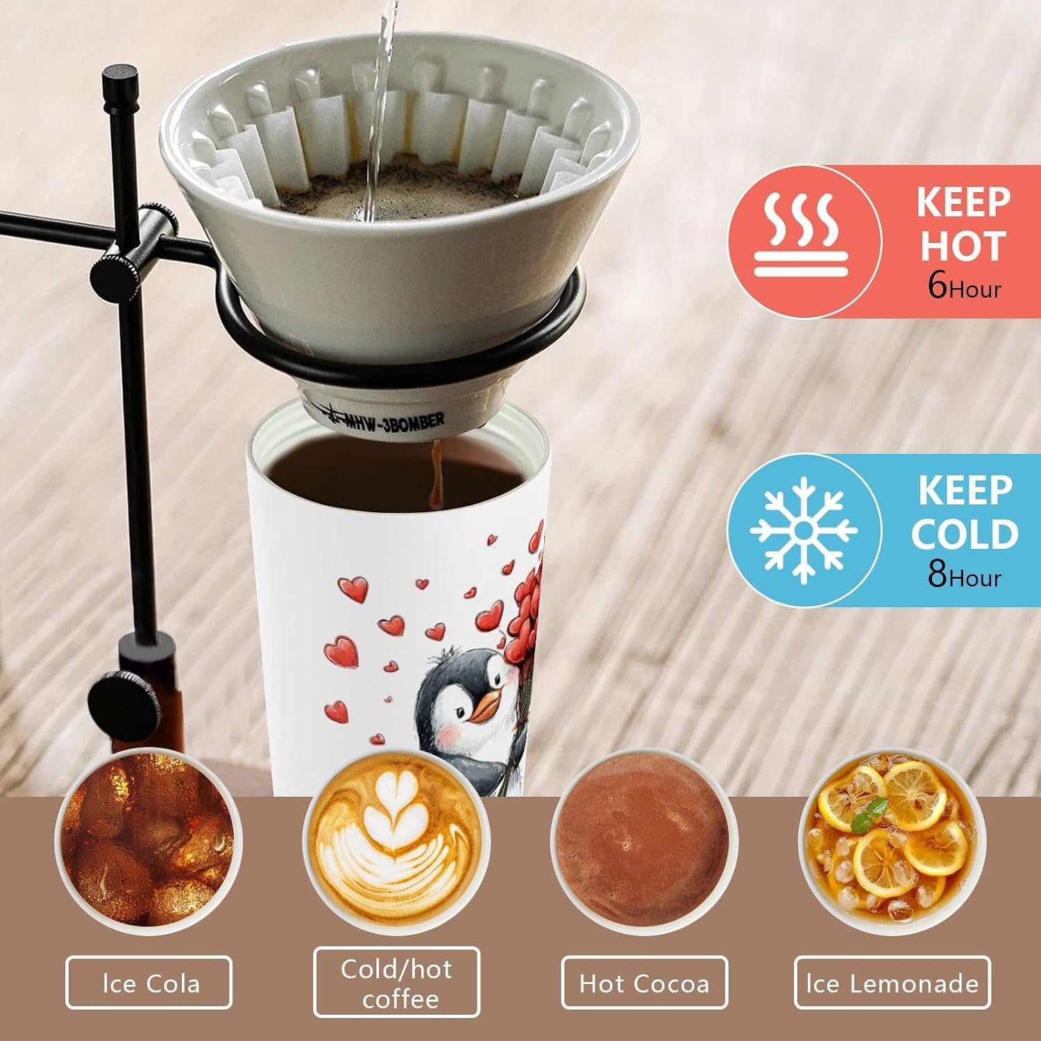 Insulated Coffee Mug Penguin Flower Heart with Straw & Flip Lid, 16.9oz Iced Tumbler Cup, Double Wall Vacuum Mug for Travel Office Camping