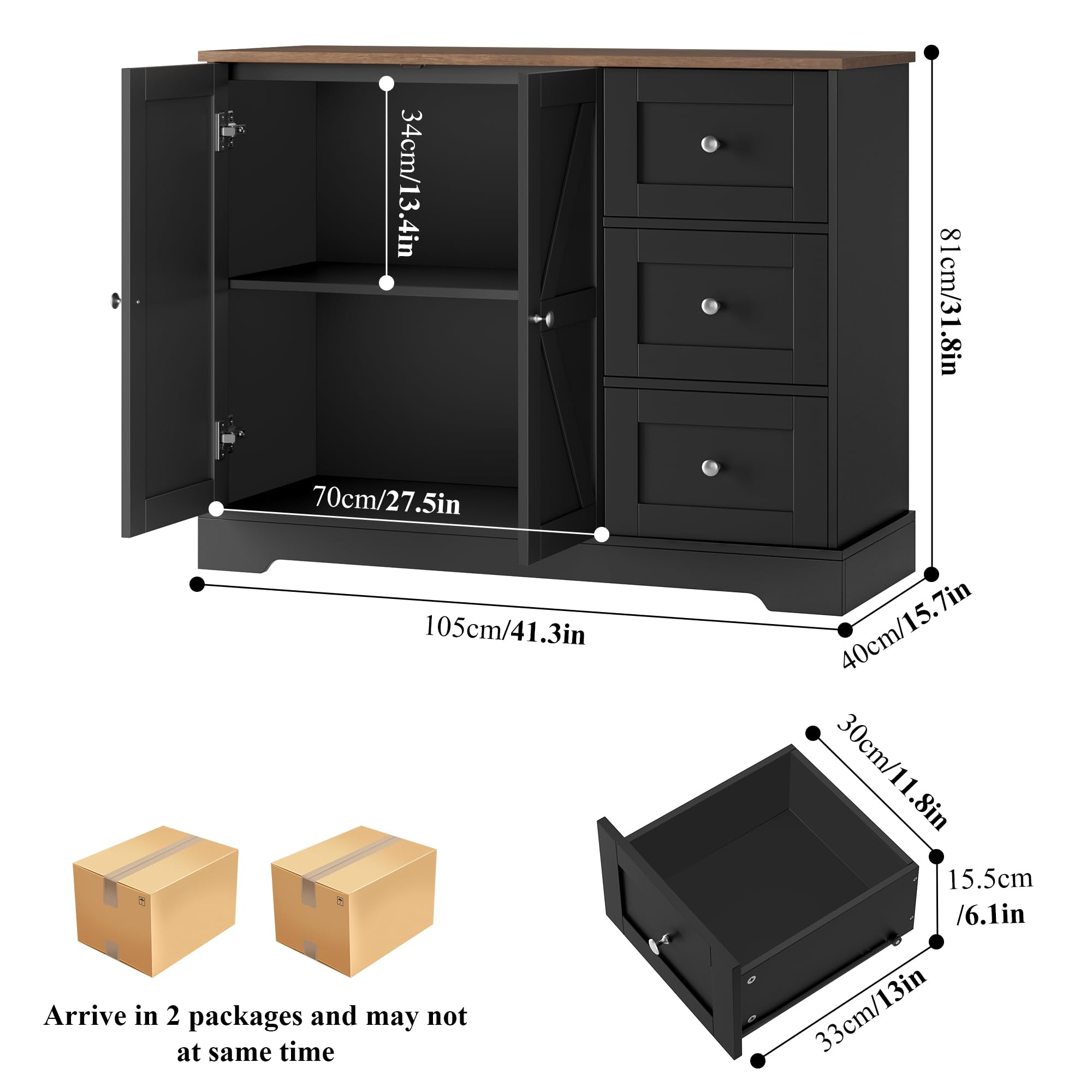 HOCSOK Sideboard, Küchenschrank mit 3 Schubladen und 2 Türen, Buffetschrank mit Arbeitsplatten für Küche, Esszimmer, Wohnzimmer, Schwarz & Braun