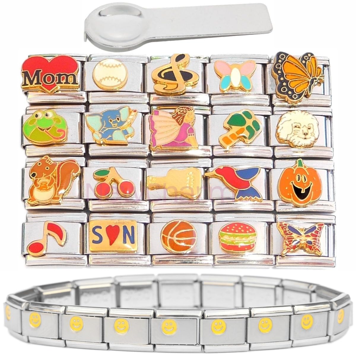 20 Different Italian Charms and Starter Braclet and Tool - Popular Designs Mom Baseball Music Butterfly Frog Elephant Fairy Palm Tree Dog Squirrel Cherries Guitar Bird Pumpkin Basketball Hamburger