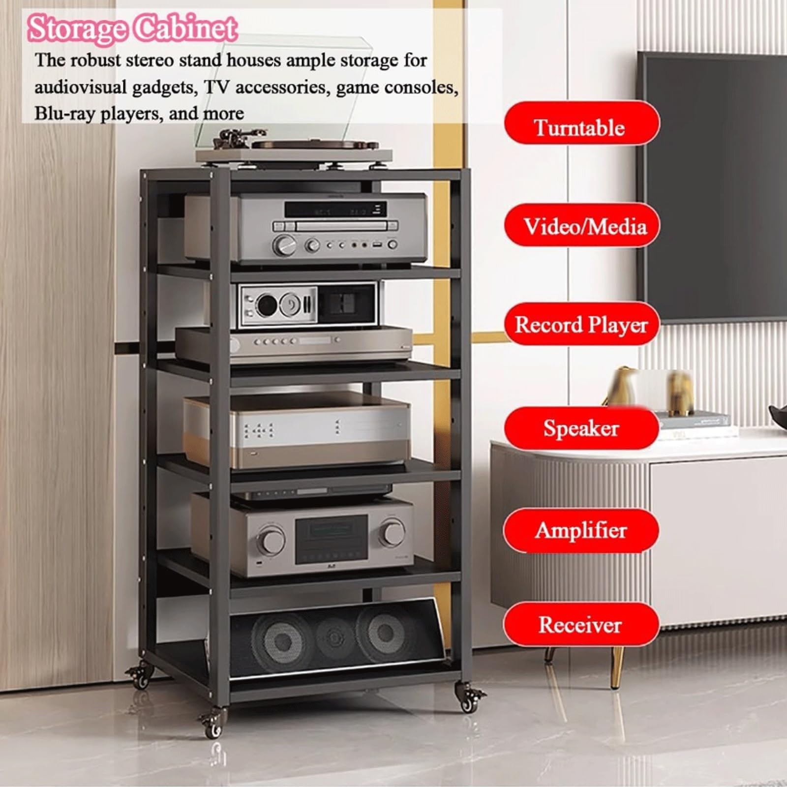 Mobile Porta TV/multimediale Regolabile a 6 Ripiani con Ruote - Moderno Centro di intrattenimento per Console di Videogiochi, Lettore Dvd/CD, Giradischi e Altri dispositivi (110 cm)