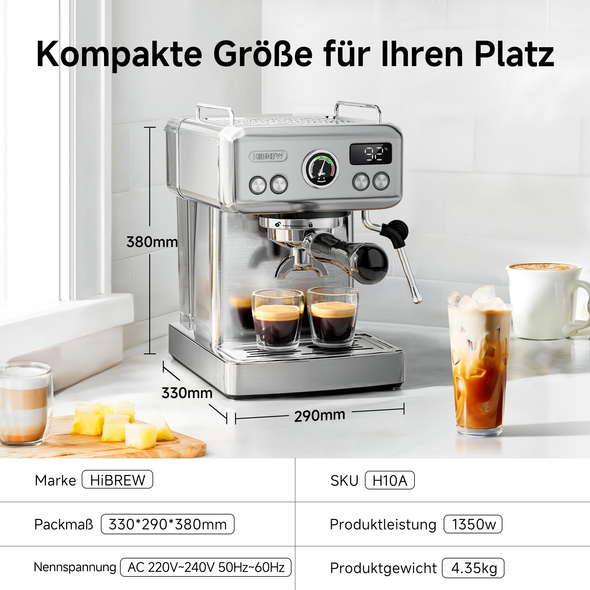 HIBREW Programmierbare Espressomaschine, H10A, 19-Bar-Extraktionsdruck, gebürsteter Edelstahl, einstellbare Temperatur und Tassenvolumen, Dampfrohr für Milchaufschäumer