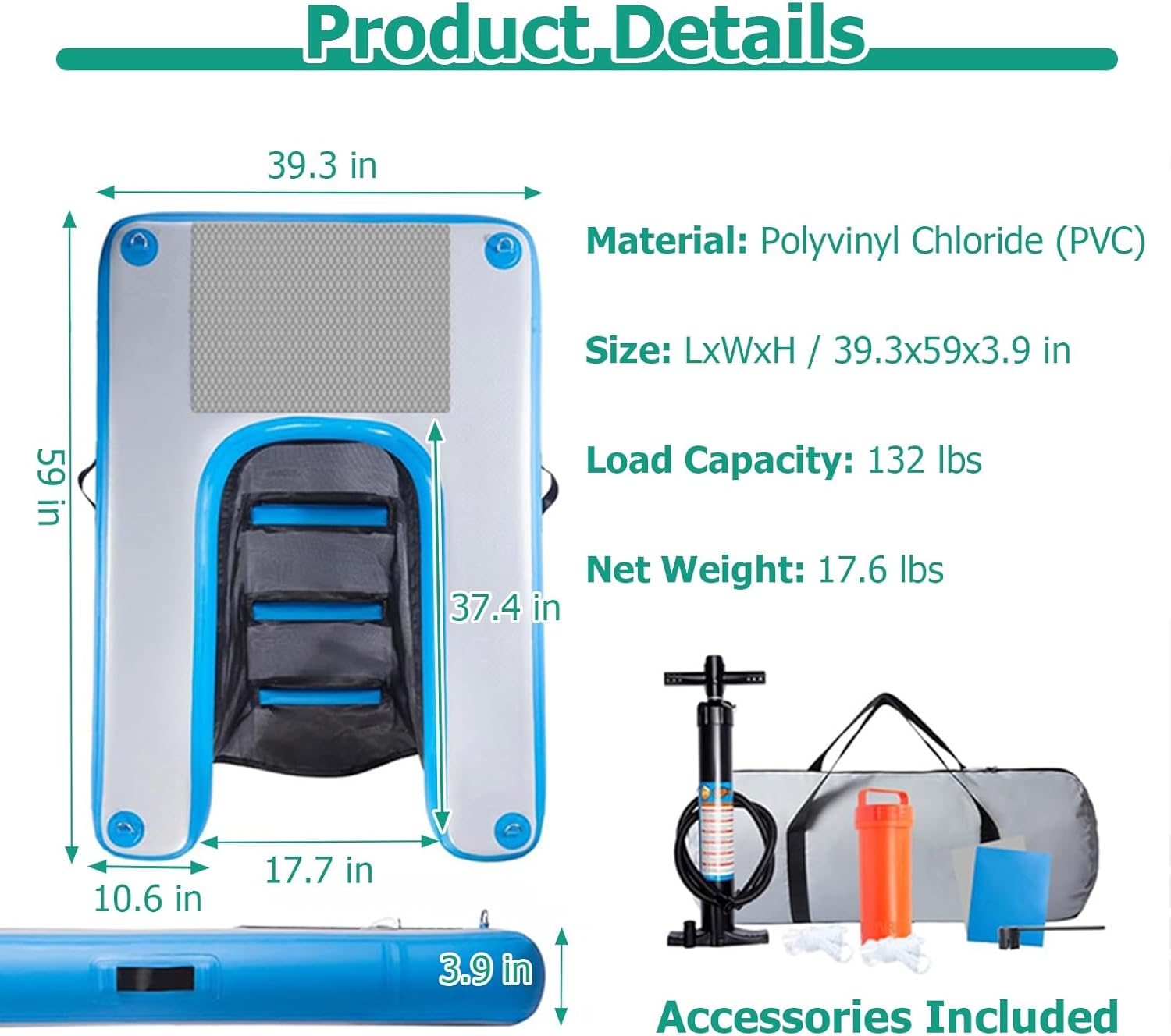 JYHHCYS Inflatable Dog Water Ramp Pool Float Floating Ramps for Dogs, Floating Dock Platform for Dogs Up to 132 LBS, Puncture-Resistant Surface Dog Safety Ramps Easy Access Pool(Green)