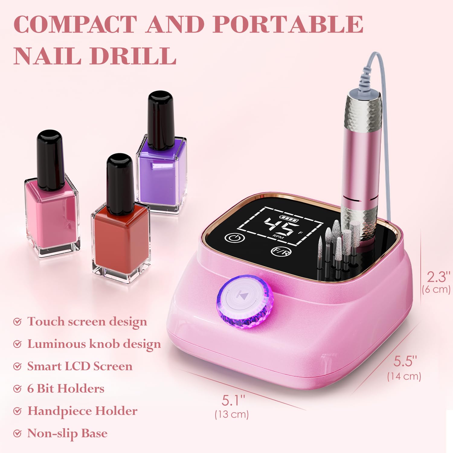 Professional 45000 RPM Ponceuse pour Ongles Electrique pour Toute Manucure Pédicure Acrylique gel à OnglesPolissage Enlèvement kit de Lime à Ongles Portable Conçu, Rose