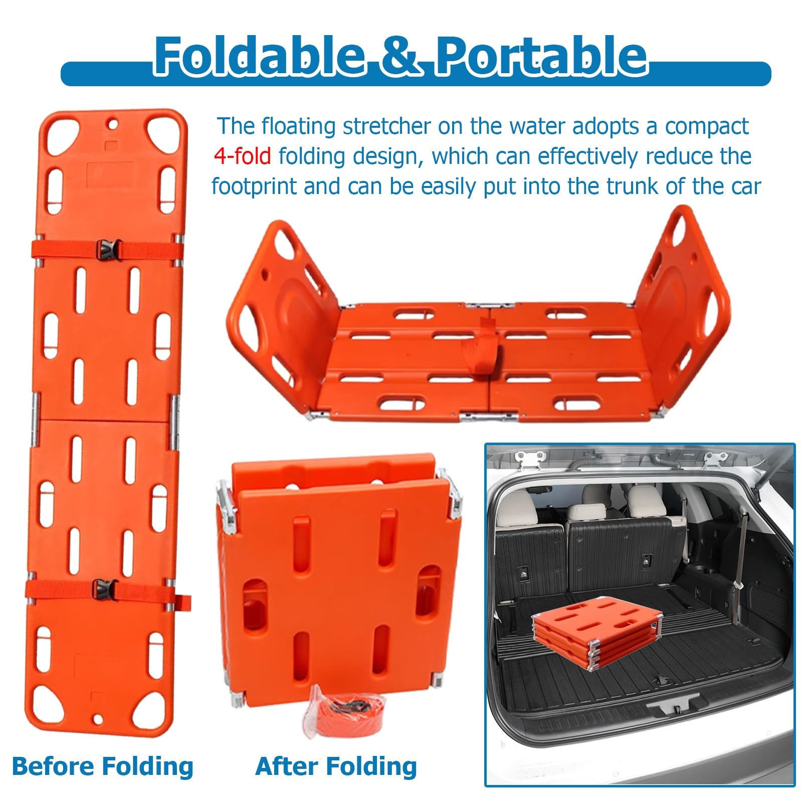 JYHHCYS Water Floating Stretcher, Four-Fold Orange Lightweight Spine Board Stretcher, Rescue Spine Boards with Seat Belt for Pool Emergencies, Weight Capacity 350lbs