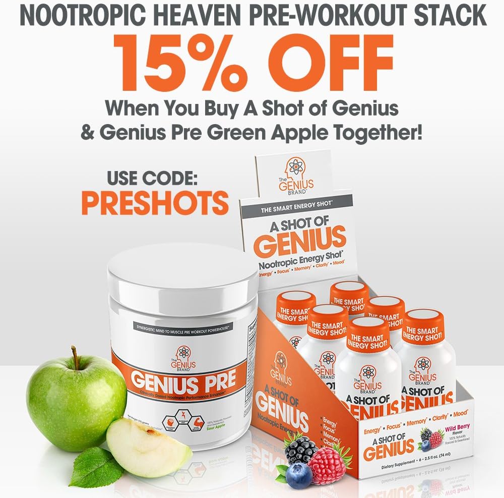 Shot of Genius - Nootropic Energy Shots | The Smart Energy Drink for Men & Women w/ Alpha GPC & Blueberry Extract | Extra Strength Brain Boost Supplement | Spark Focus & Support Mood - Sugar Free -6ct : Health & Household