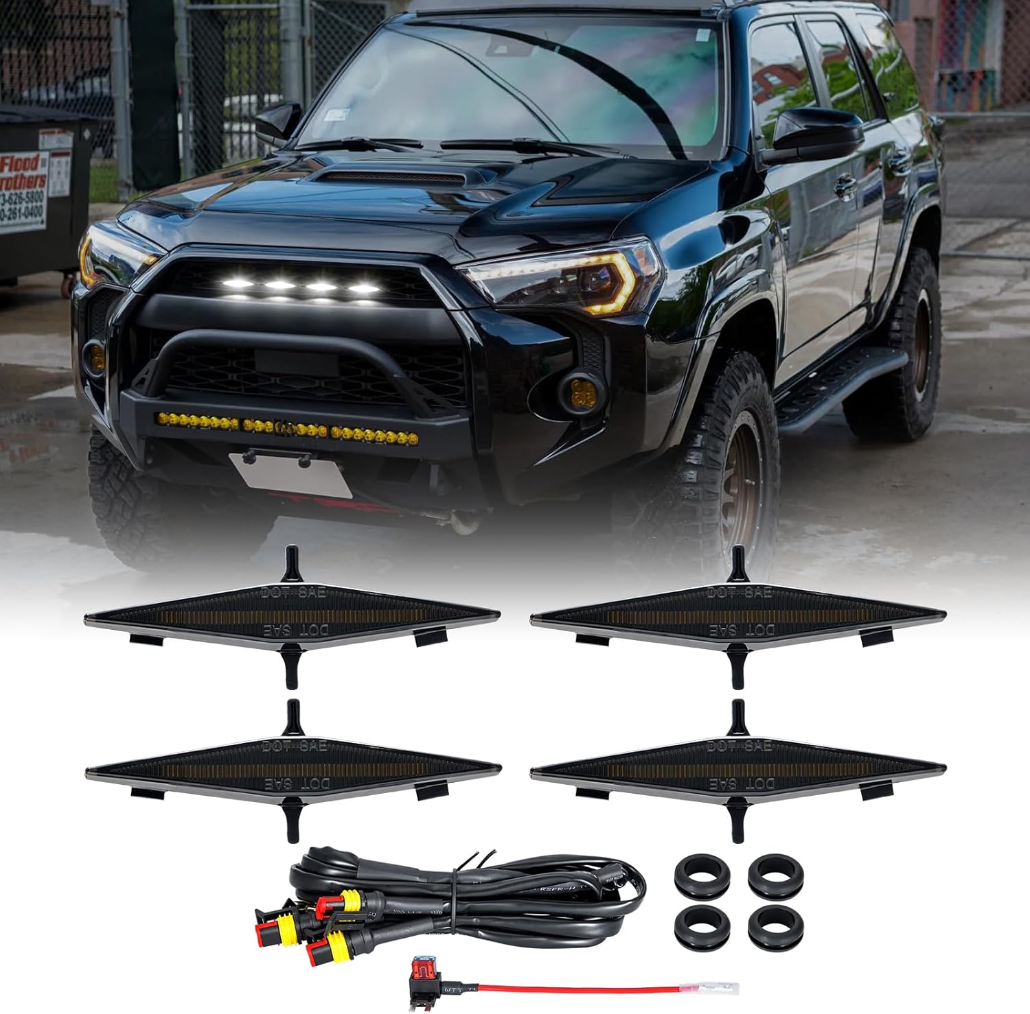 White LED Grill Led Lights Compatible with 4Runner 2014-2024 TRD Pro 2014-2019 SR5, Premium, Limited, TRD Off-Road 4 PCS Smoke Lens