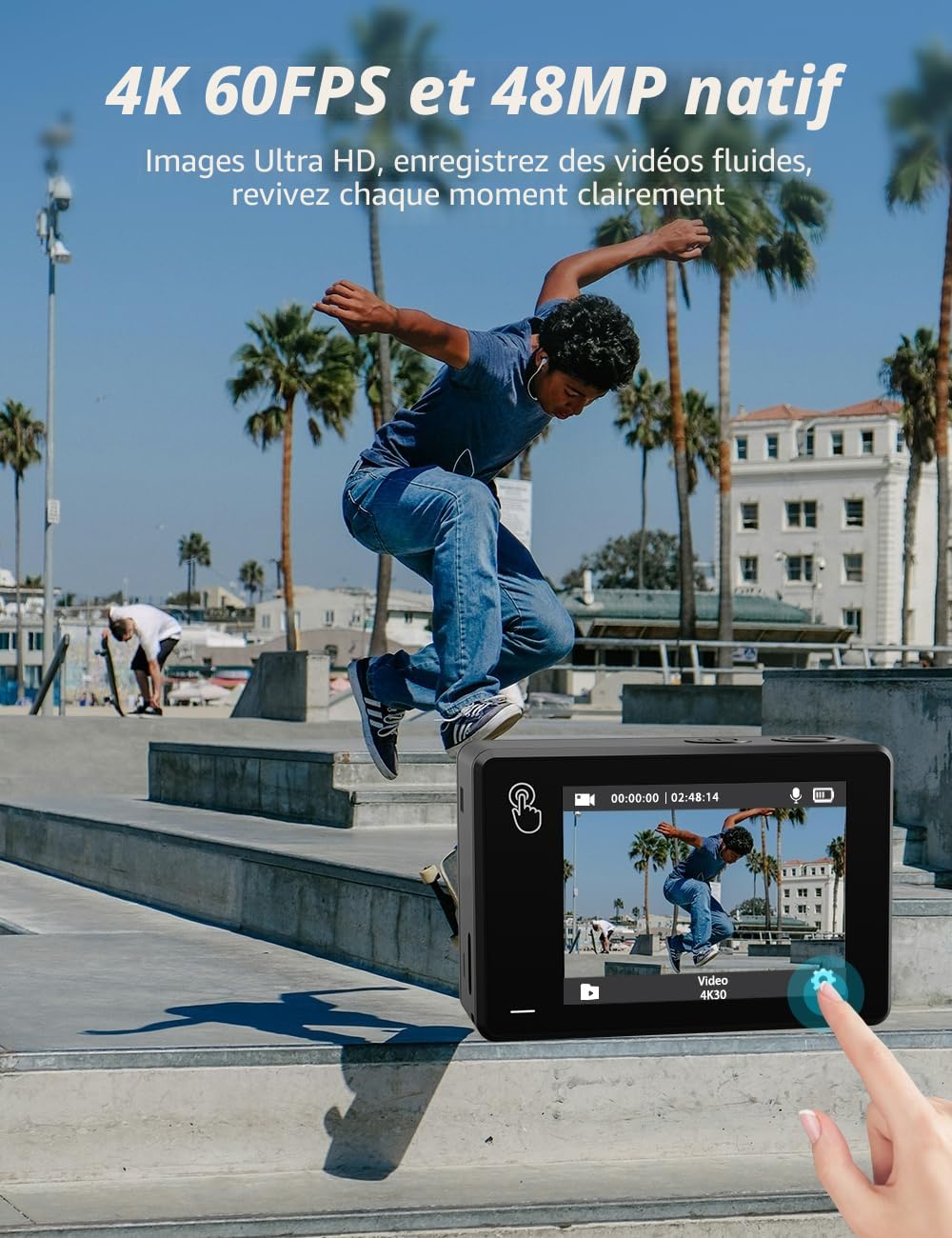 Caméra Sport 4K 60FPS Camera Étanche EIS Double Écran Tactile Carte 64GO