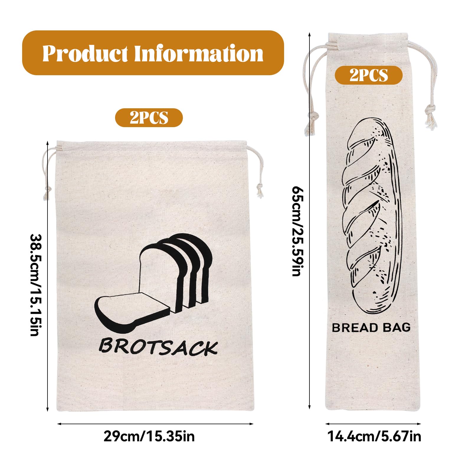 4 Sacs à Pain Lin Réutilisables Avec Cordon - Conservation Aliments Bio 29x38.5cm Et 14.4x65cm