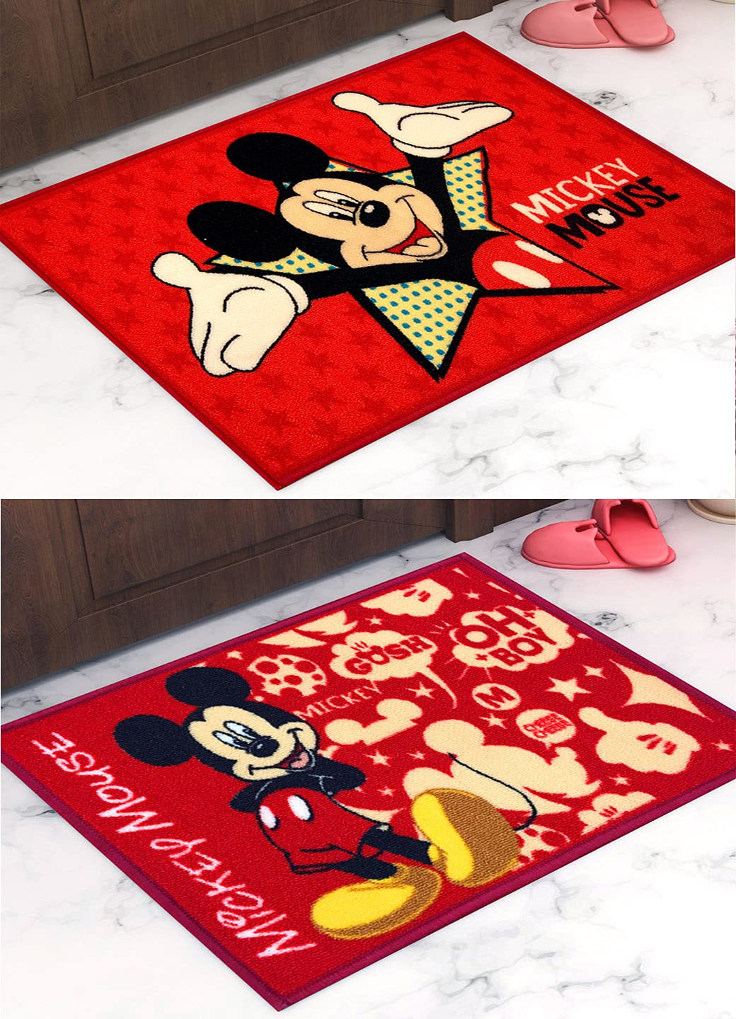 Athom Living Polyester Disney Mickey Mouse 2 Piece Door Mat Set - 15"X23", Red