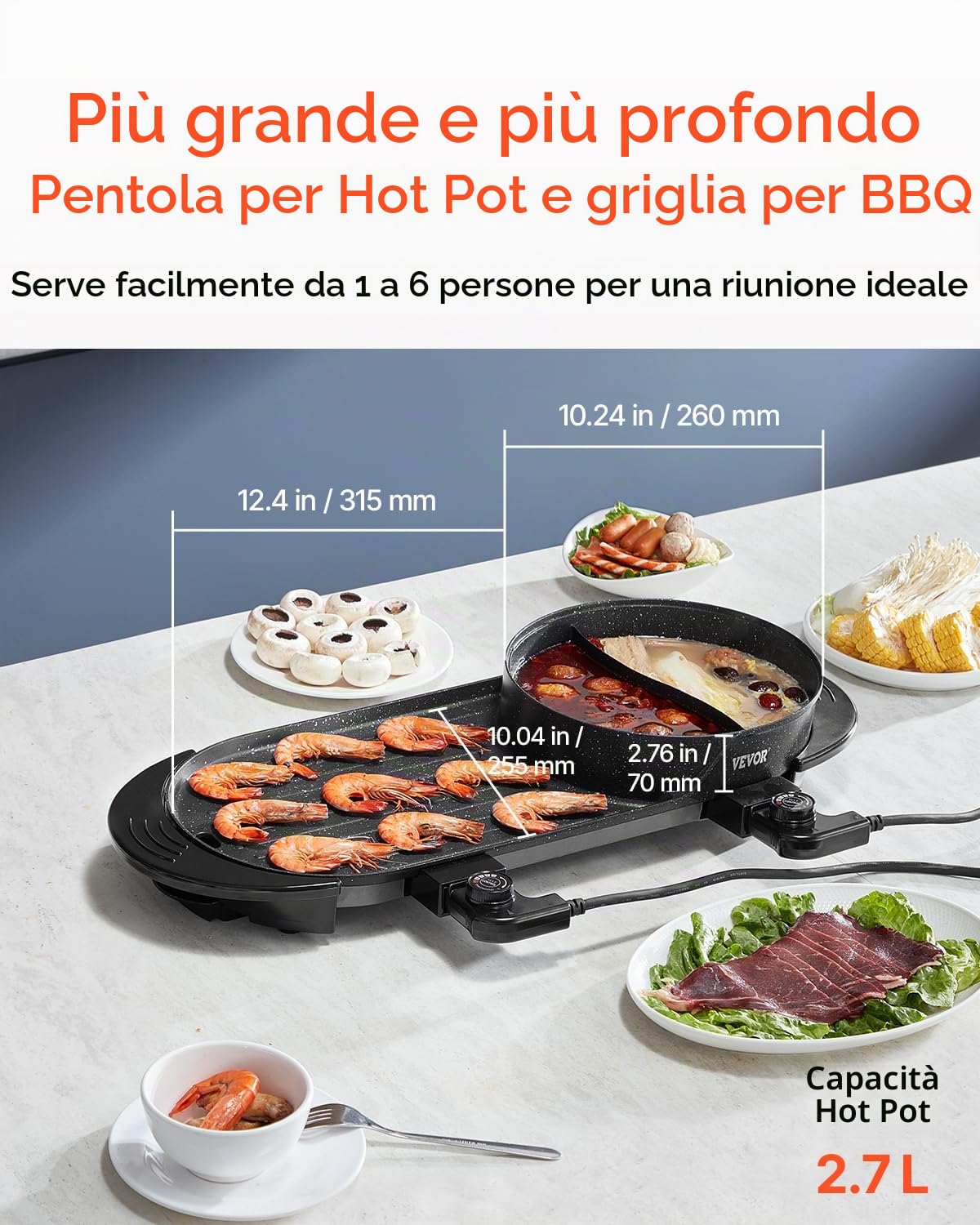 VEVOR Pentola Elettrica per Hot Pot BBQ con Griglia, 2200W Senza Fumo, Griglia Coreana con Separato Doppio Controllo della Temperatura, Padella Antiaderente, per Cena in Famiglia Festa