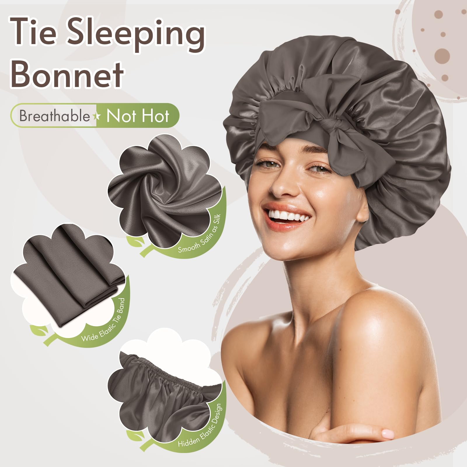 BONNET QUEEN Cuffia Seta Capelli Notte Regolabili Cuffia Capelli Ricci Bonnet con Lacci Lunghi Morbida e Protettiva Anti-Crespo, Grigio Dorata