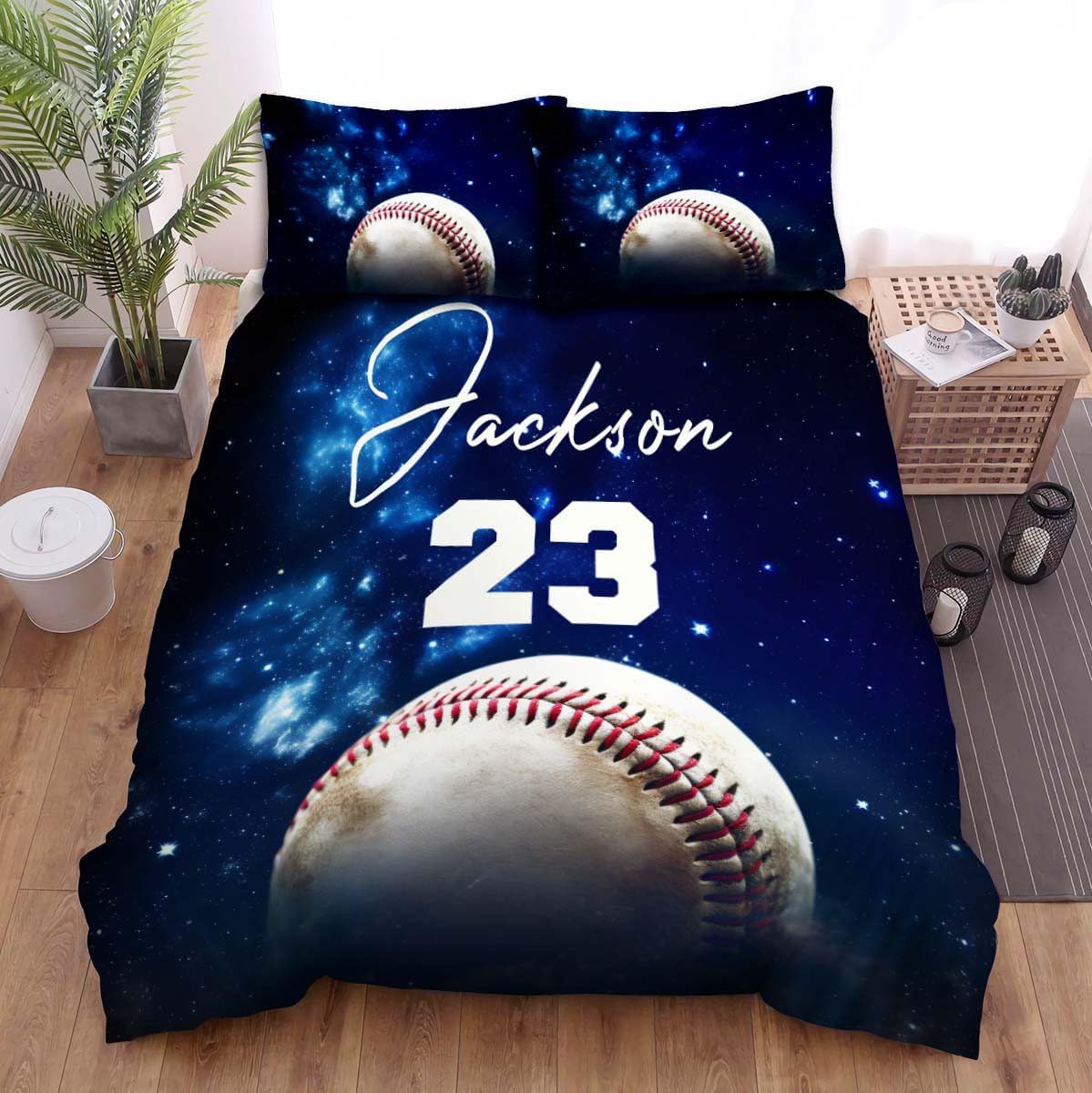 Personalized Baseball Bedding Full Size Flag Custom Name Duvet Cover Set Sport Decor Sports Comforter Bed Set (Baseball on Universe)