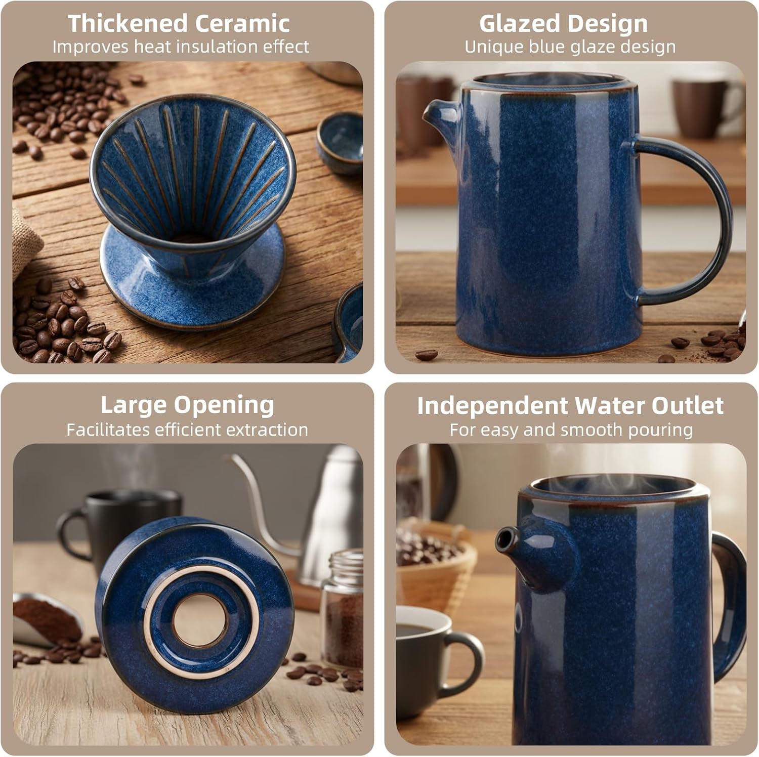 Pour Over Coffee Maker Set, Blue Vintage Coffee Maker with 20 Count Paper Coffee Filters, High Heat Ceramic Pour Over Coffee Dripper Set for Home, Restaurant, Camping Hiking, 16.5 Ounces