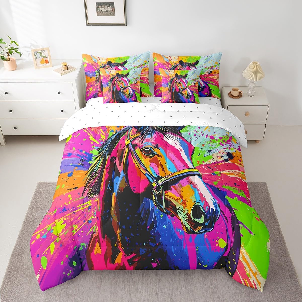 7 Pieces Twin Size Watercolor Horse Comforter Set,Tiedye