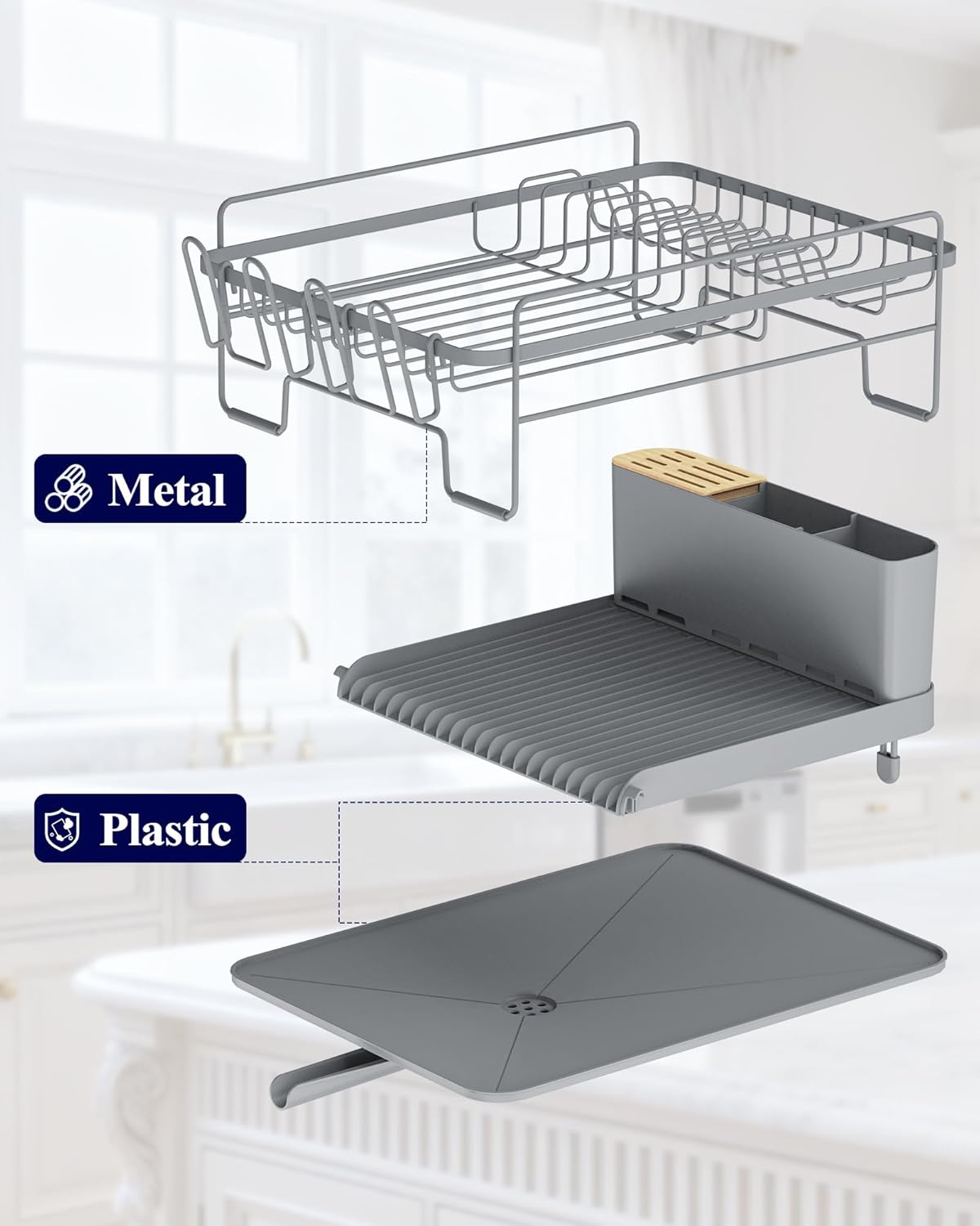 Kitsure Extendable Dish Drying Rack, Large Drying Dish Rack with Cutlery & Cup Holders, Multifunctional Dish Racks for Counter with Drainage, 18.2"-25.7" L x 12.9" W, Grey - Image 4