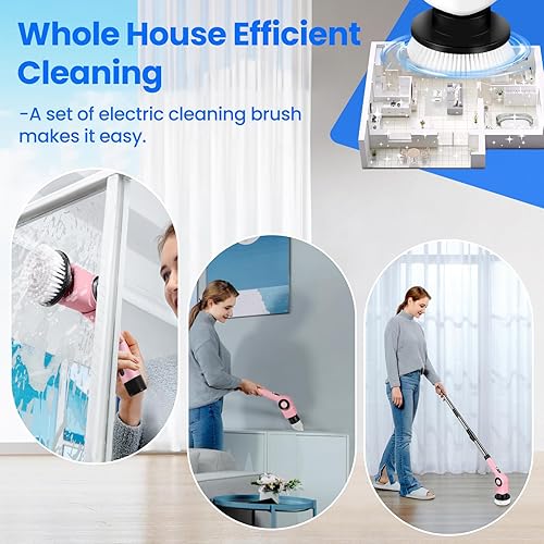 Miniatura 8 de Limpiador eléctrico giratorio, limpiador eléctrico con 7 cabezales de cepillo y mango de extensión, limpiador de ducha inalámbrico IPX7, cepillo de