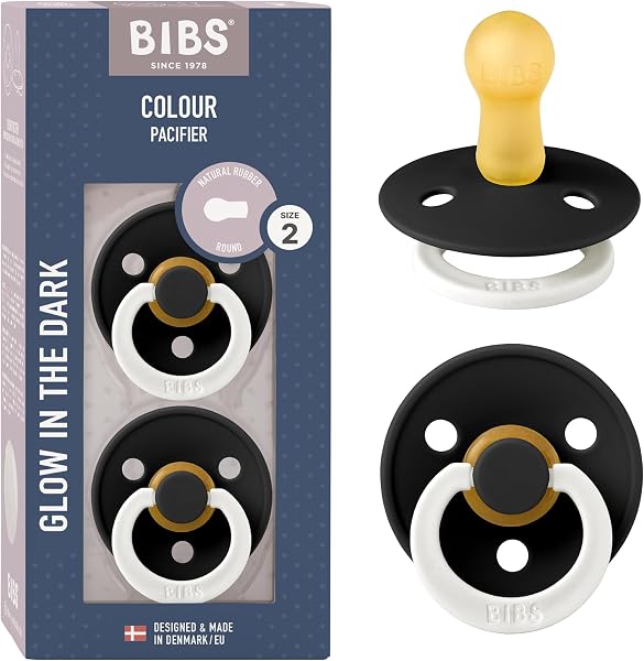 Tétine BIBS Colour Glow. Lot de 2 sucettes. Brillent dans le noir. Sans bisphénol A, Téterelle ronde. Latex de caoutchouc naturel, Fabriqué au Danemark, Taille 2 (6-18 mois), Black Glow - 1