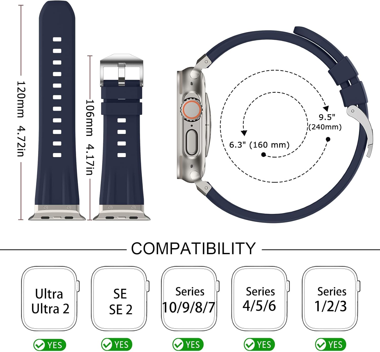Tasikar Sport Band Compatible with Apple Watch Ultra Band 49mm 46mm 45mm 44mm 42mm, Men Stainless Steel Metal Silicone Replacement Strap for iWatch Ultra 2 Ultra Series 10 9 8 7 6 5 4 3 SE, Dark Blue - Image 3